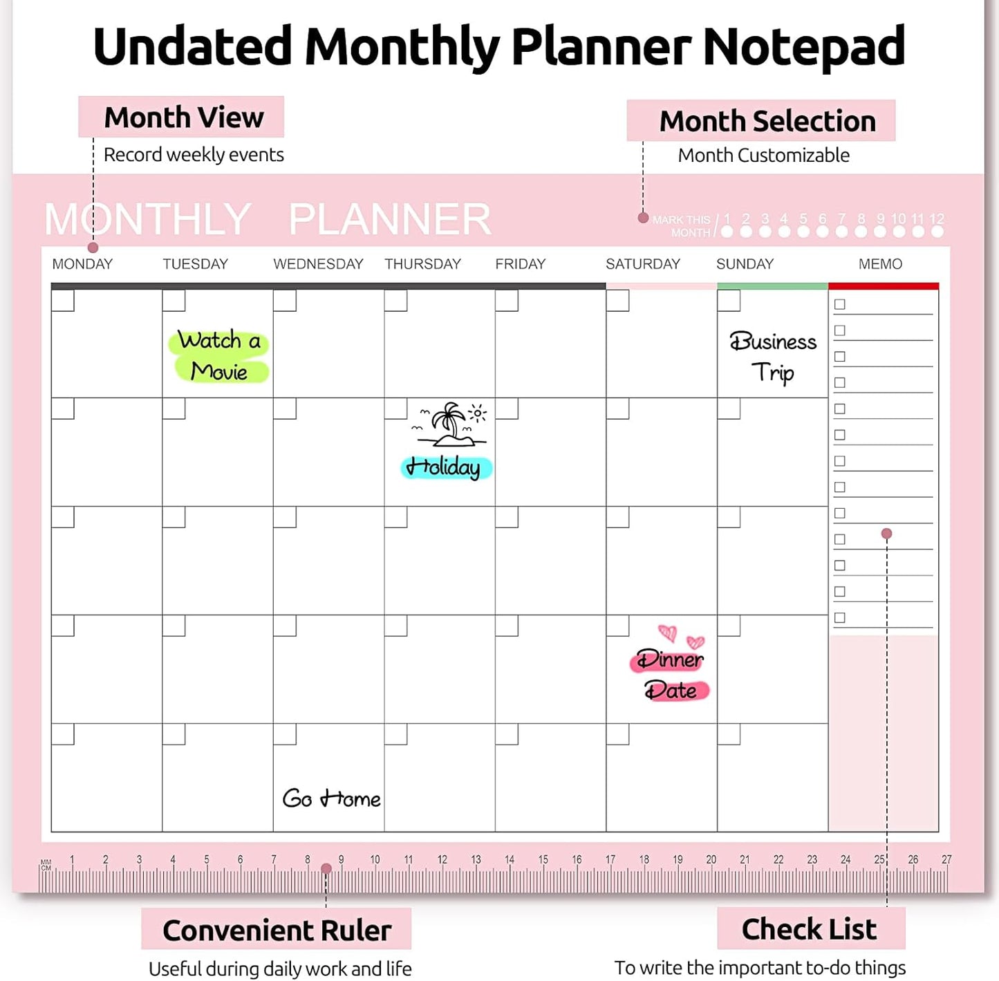 Phyxin Undated Planner, 54 Sheets Blank Calendar, 11.2" x 8.3" Monthly Calendar Planner, Tear Off Undated Monthly Planner with Memo for Women, Students, Teachers, Pink