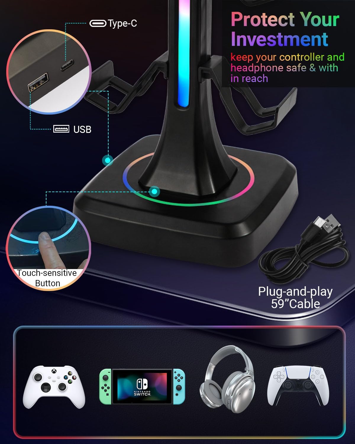 Controller Stand with RGB Multi-Color Light Modes - Headset Holder for PS5, Xbox, Switch - Gaming Room Decor, Desk Organizer for Gamers