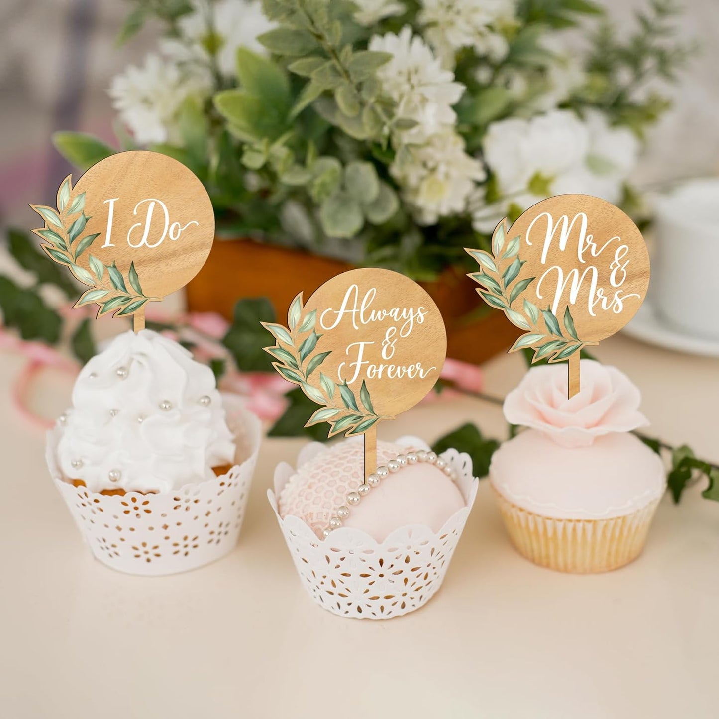 12 PCS Mr & Mrs Wedding Cupcake Toppers with Green Leaves Engagement Cake Decorations