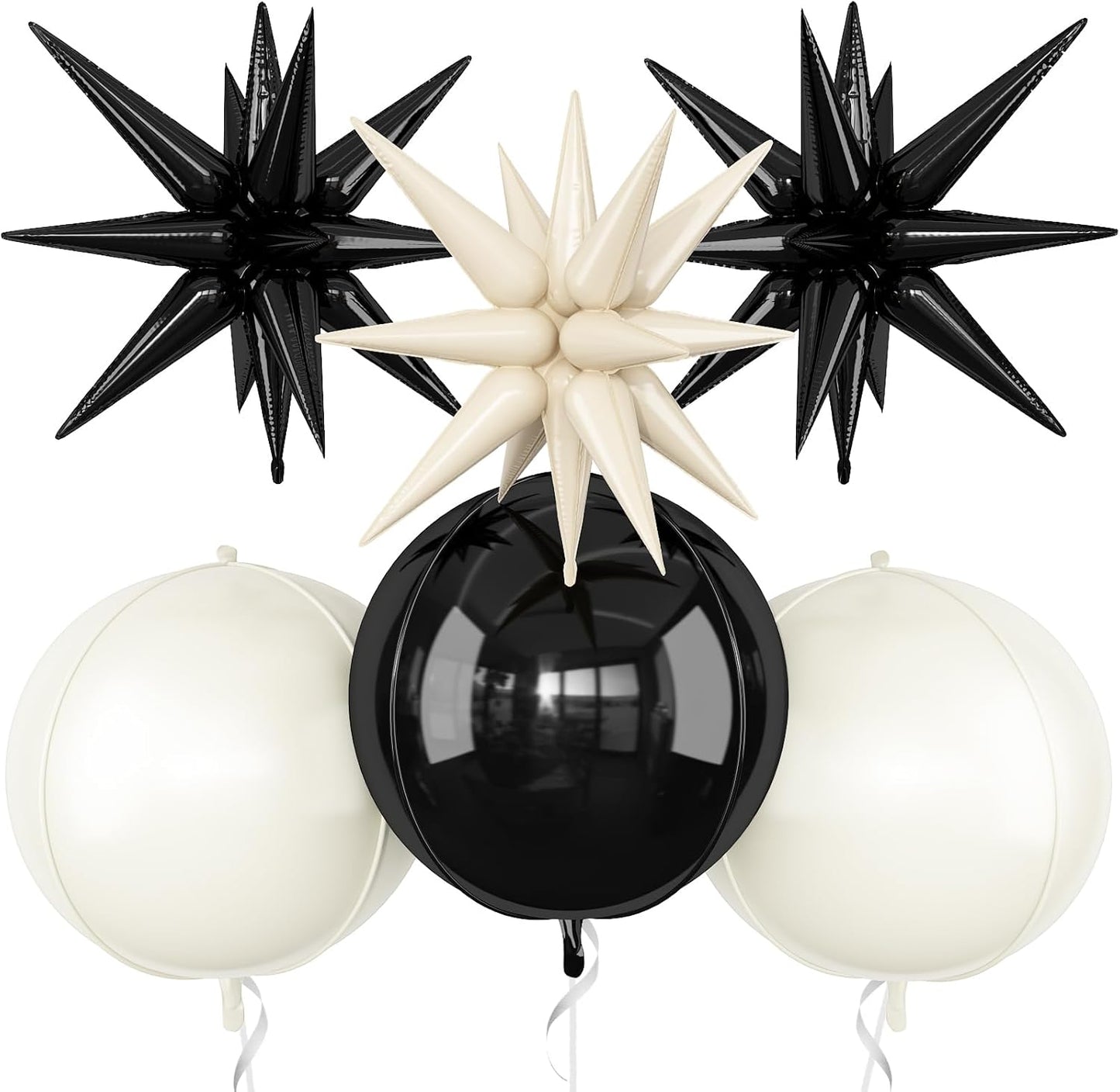 6Pcs Black White Foil Balloons,22Inch Sand White Black 4D Round Ball Balloon and Explosion Star Balloon for Birthday Wedding Baby Shower Anniversary Decorations
