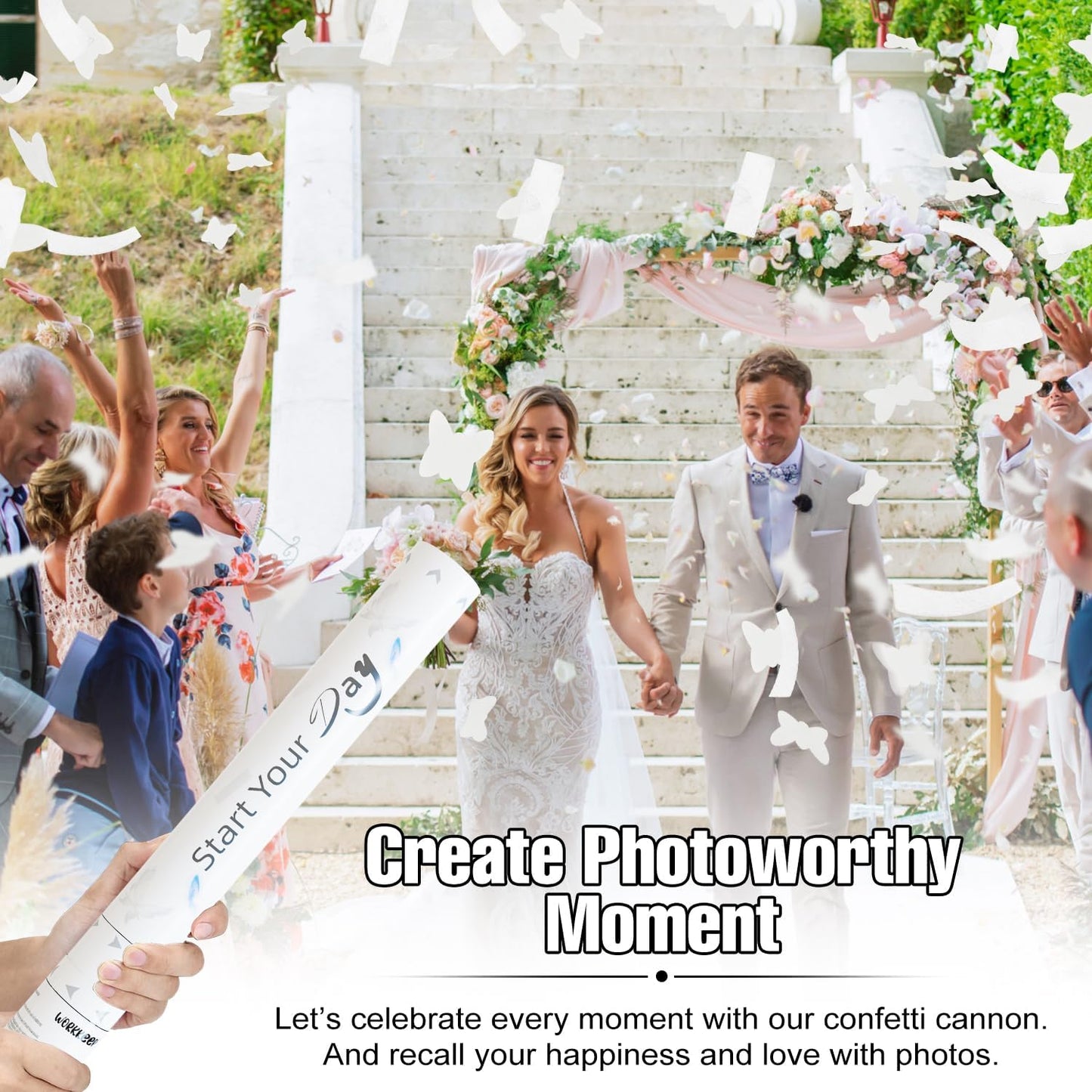 White Butterfly Confetti Poppers, 15 Inch Butterfly Party Poppers for Birthday, Wedding, Halloween Celebrations - Air Powered Confetti Gun