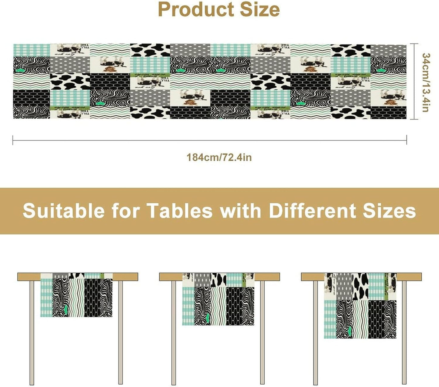 Cute Cow Print Table Runner,Farm Animals Honeycomb Plaid Stripes Cowhide Pattern Tablecloth Burlap for Hotel Indoors Outdoor Dining Room Kitchen Table Decor, 13x108in