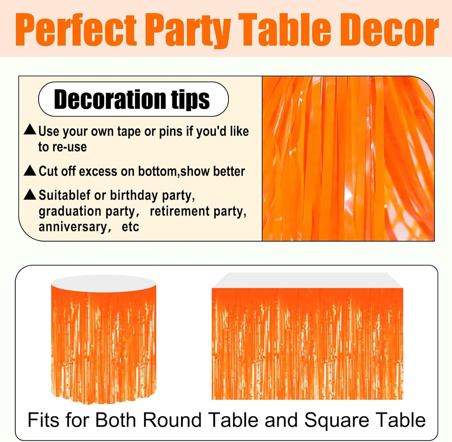 3 Pack 29x108 Inch Macaron Orange Foil Fringe Table Skirts Metallic Banner for Tinsel Streamer Garland Backdrop for Parade Floats Wedding Thanksgiving Birthday Christmas Halloween Party Decoration