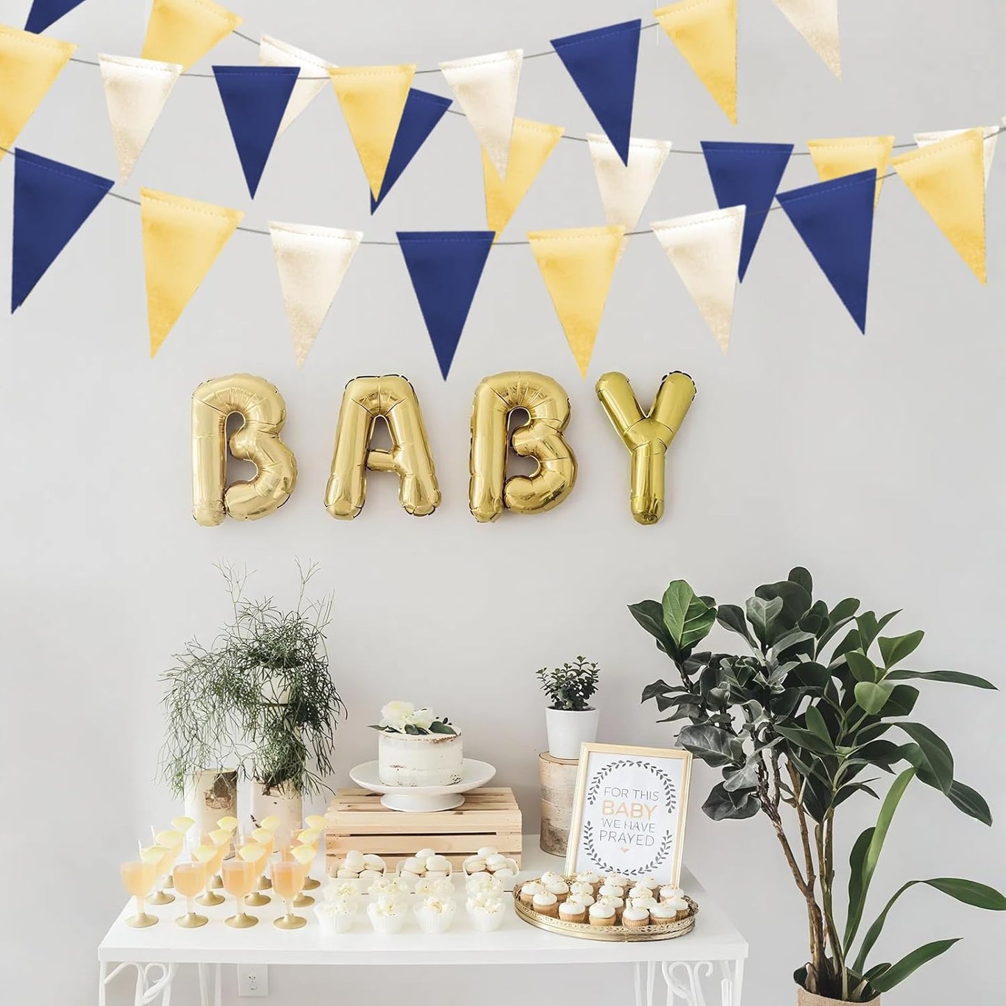 MerryNine Triangle Flag Bunting Banner, 3 Pack Vintage Style Pennant Banner for Wedding, Baby Shower, Event & Party Supplies 45pcs Flags (Navy Blue Gold Beige)