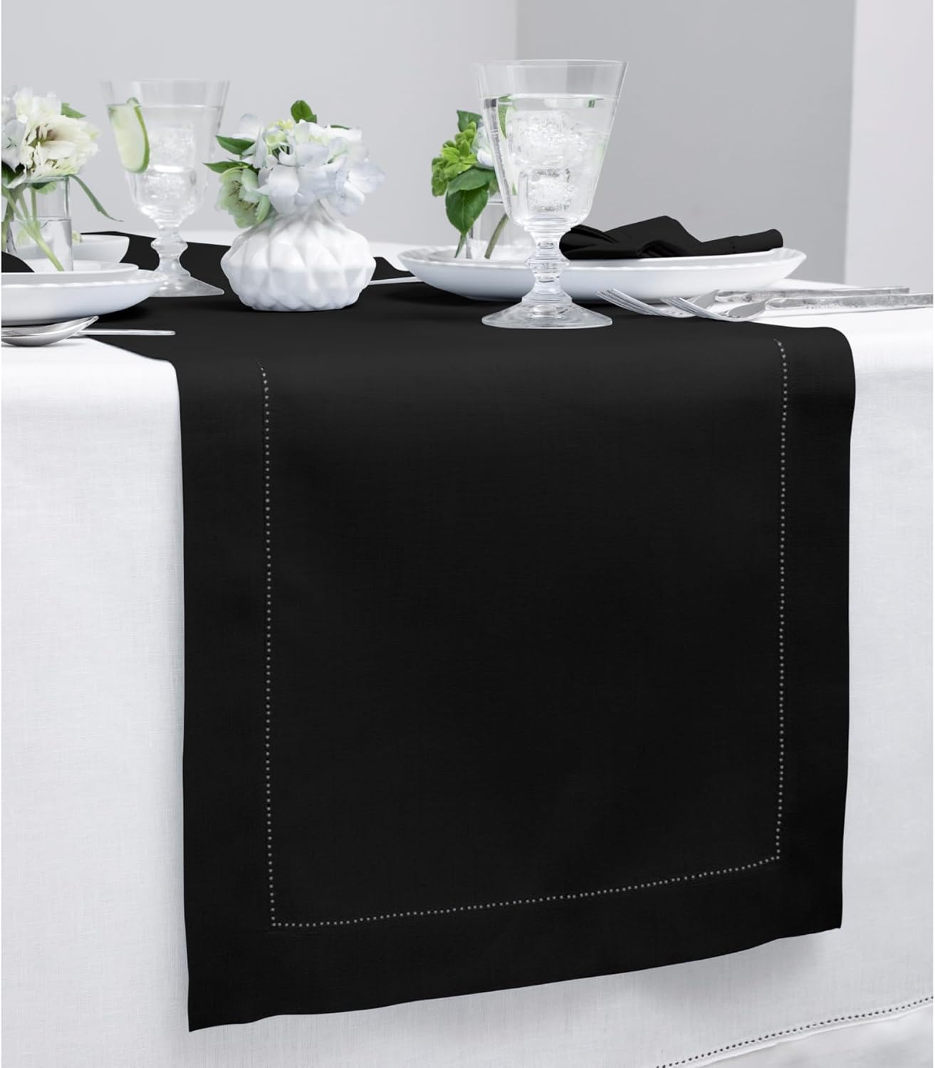 Solino Home Linen Black Table Runner 36 Inches - Classic Hemstitch, 100% Pure Linen Coffee Table Runner 14 x 36 Inch Ideal for Dresser Tables - Fall, Autumn, Halloween, Thanksgiving, Holiday