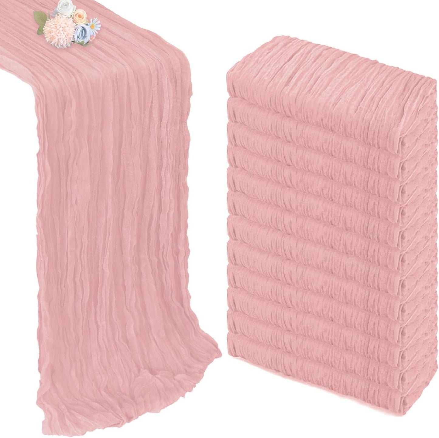 12 Pack Dusty Pink Cheesecloth Table Runner 10ft Boho Gauze Fabric Cheese Cloth Table Runner 35 x 120 Inch Rustic Sheer for Romantic Wedding Decor Baby Shower Party Table Centerpiece Decoration