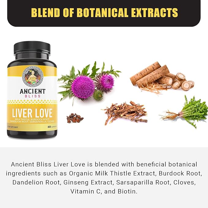 Ancient Bliss Liver Love - Natural Milk Thistle Liver Detox and Liver Health Cleanse Supplement - Support Healthy Liver in Men and Women - 60 Capsules - with Burdock, Dandelion, Cloves, and More
