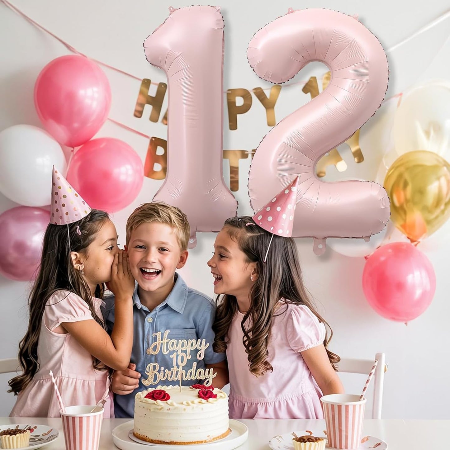 Pastel Pink 12 Balloons Number for Girls, 40'' Self Inflating Number 12 Balloon, Big Light Blush Pink Foil 1 & 2 Helium Balloon for Women Boho Coquette 21st 12th Birthday Party Anniversary Decorations