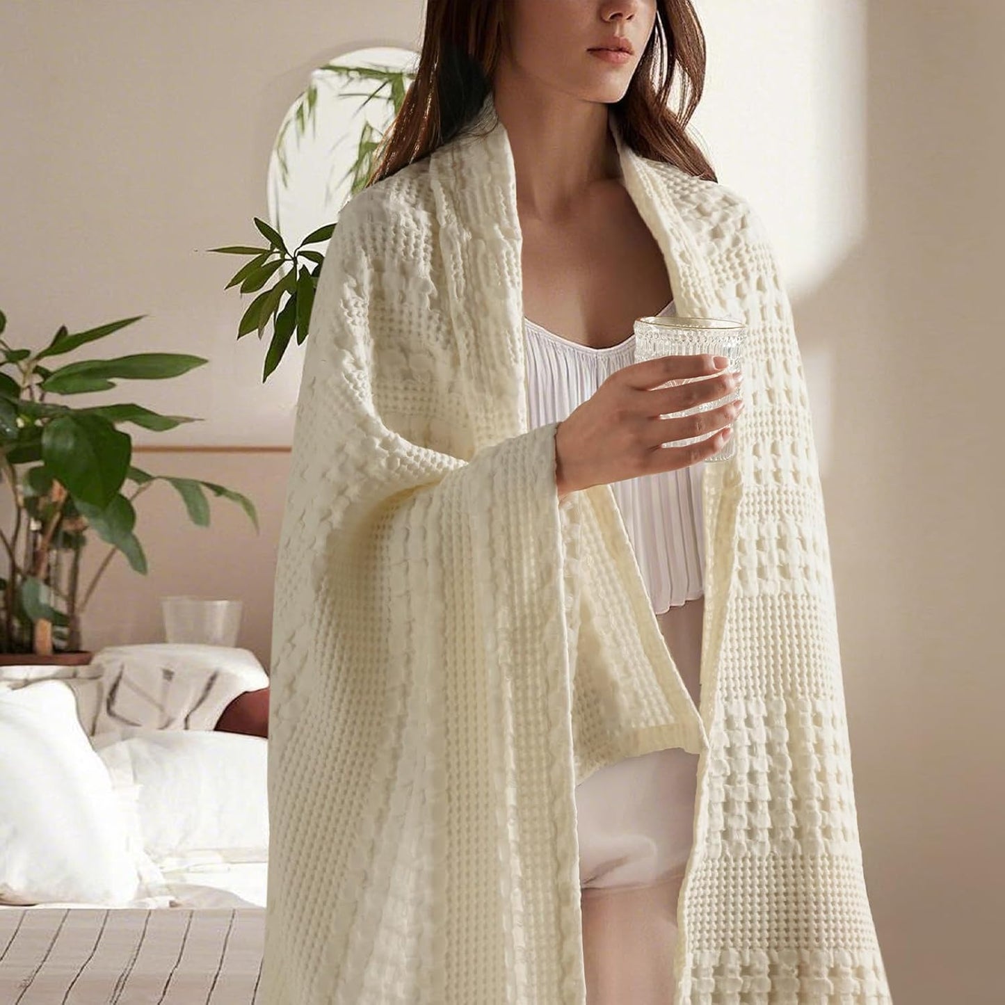 PHF 100% Cotton Waffle Weave Throw Blanket, Soft Lightweight Breathable Cozy Throws for Couch Bed Sofa, Luxury Aesthetic Woven Blanket for Home Decor & Office, 50"x60", Cannoli Cream