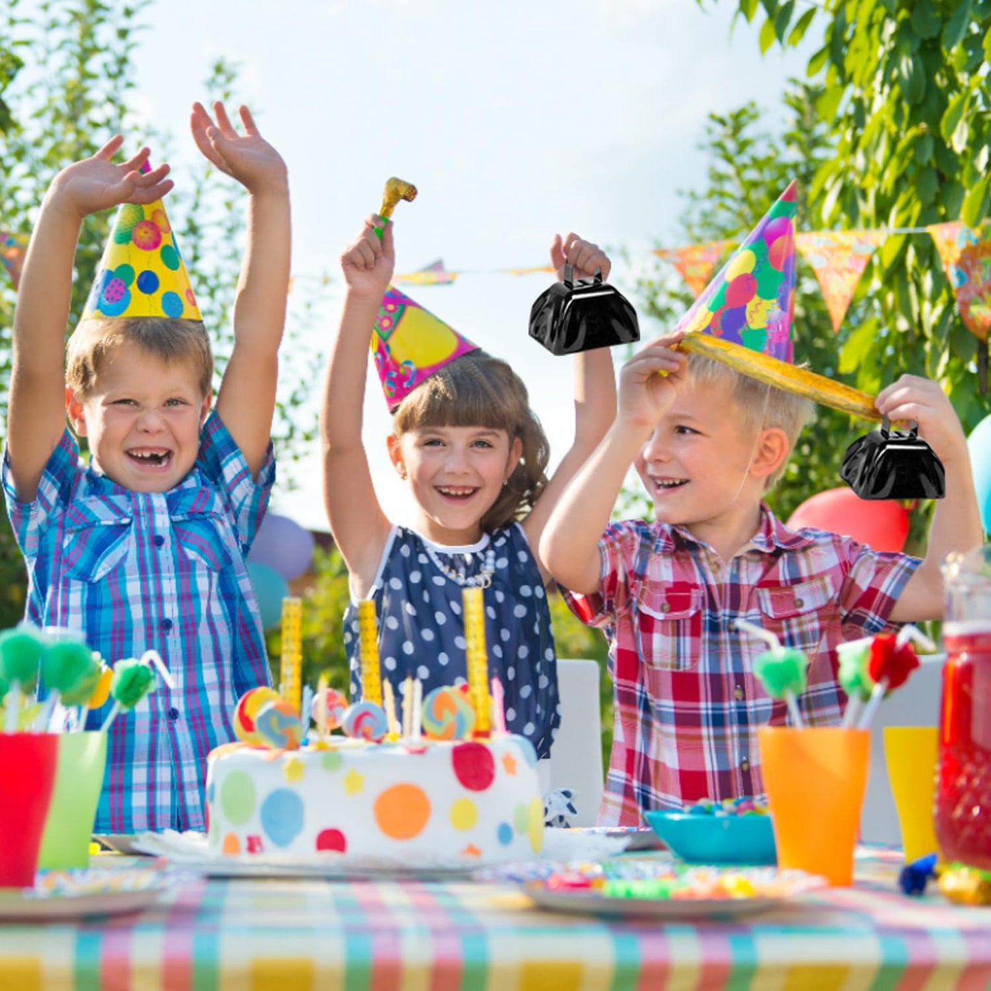 Metal Cow Bell Noise Maker - 3 Inch Pack of 4 - Small Loud Metal Cowbell Noisemaker with Handle - Great for Football Games, Sporting Events, Weddings, New Year's Eve, Birthday Parties