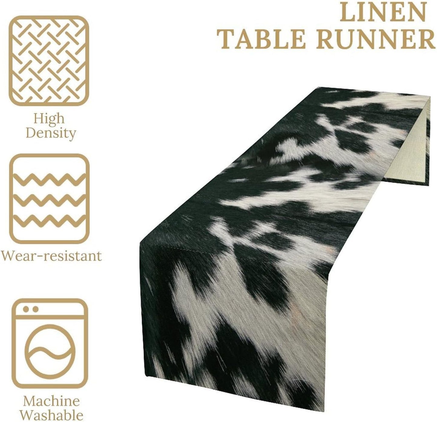 Cow Skin Print Table Runner, Rustic Country Farm Fur Skin Cowhide Pattern Western Style Black White Print Table Runner for Home Kitchen Dinning, 13x36 Inch