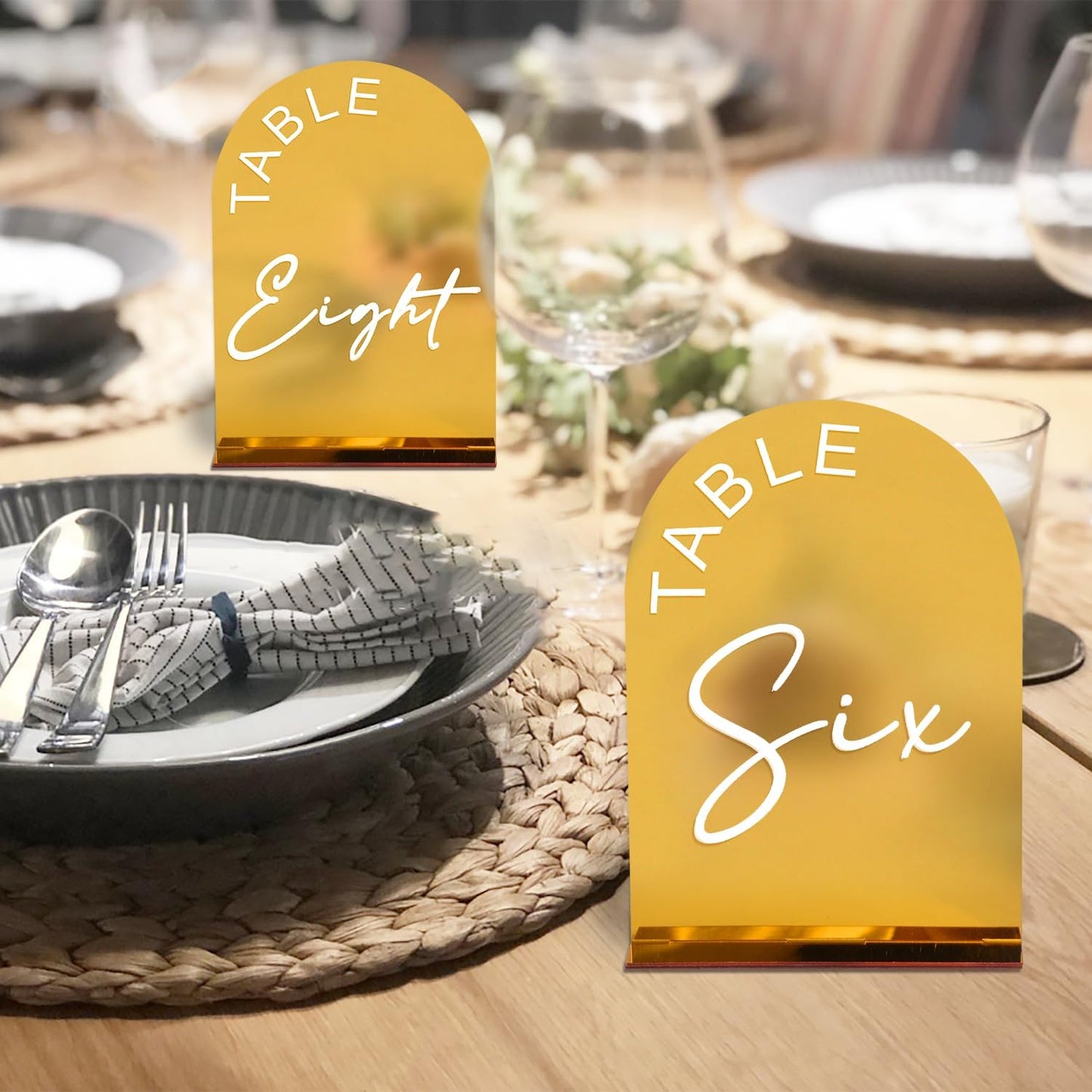 Gold Mirror Arch Wedding Table Numbers 1-15 with Stands, 5x7 Inch Acrylic Arch Sign with Holder for Wedding Reception Table Centerpiece Decoration(Gold Mirror)