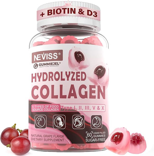 Collagen Peptides Gummies for Women & Men, Hydrolyzed Collagen (Type I,II,III,V,X) w/ 5000IU Vitamin D3 & Biotin Keratin, Multi Collagen Supplement Gummy for Healthy Aging, Skin Hair-Sugar Free, 60Cts