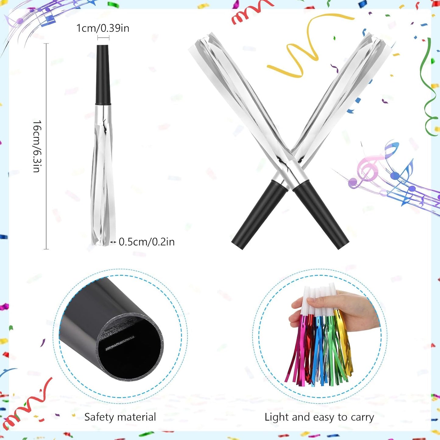 24 Pcs Noise Makers Glitter Metallic Fringed Noise Makers Horns for Baby Shower, Kids Birthday, New Year Party Favor - Silver