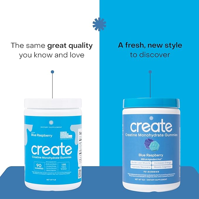 Create Creatine Monohydrate Gummies for Men & Women, Boost Focus, Strength, and Endurance, Anti-Melting Formula, Vegan, Gluten-Free, Non-GMO, 1.5g of Creatine per Gummy (Blue Raspberry, 90 ct)