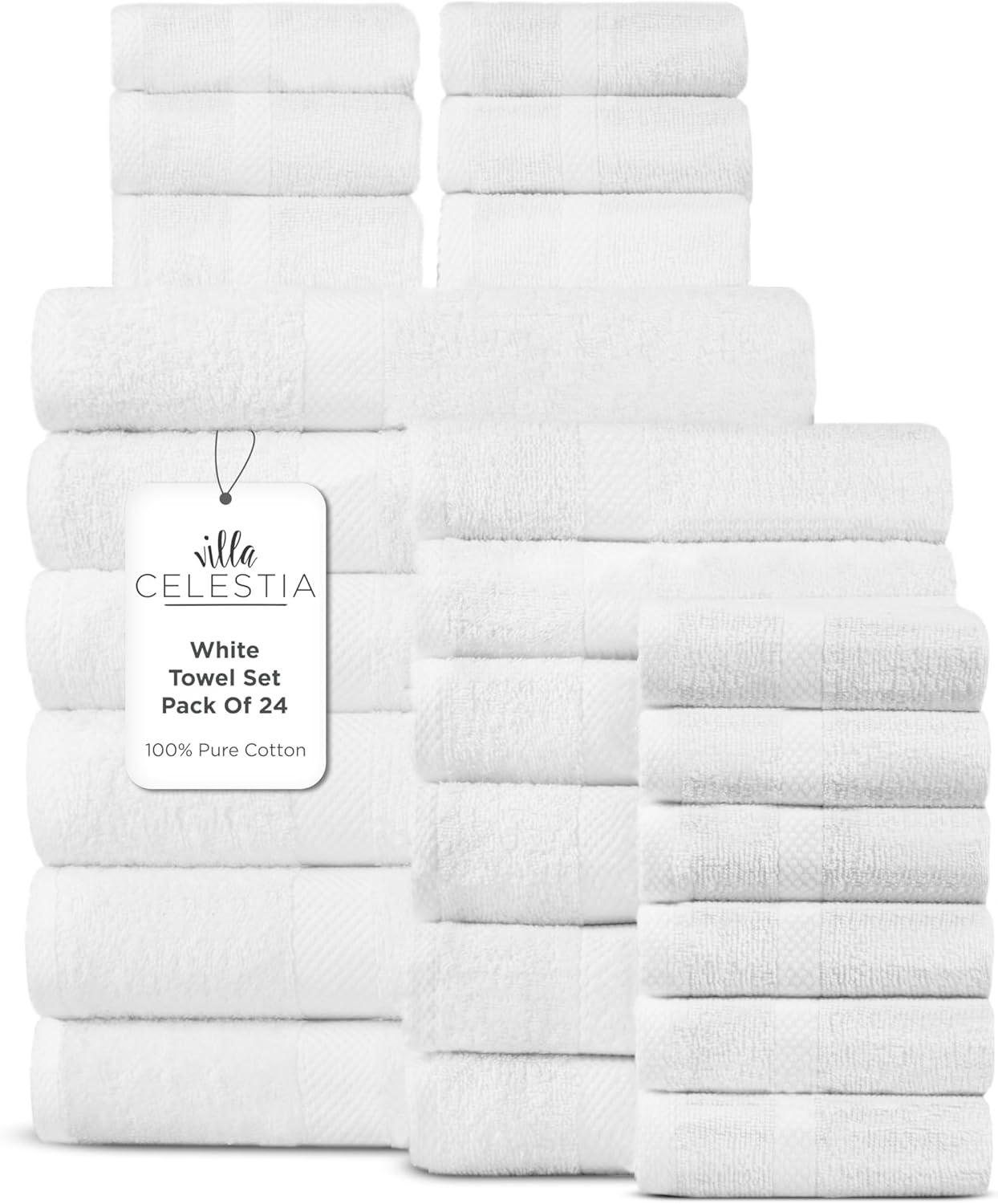 100% Cotton Bath Towel Set of 24-6 Bath Towels, 6 Hand Towels, 12 Wash Cloths, Sustainable, Soft, Highly Absorbent, Combed Cotton 24 Piece Set for Hotels, Spa, Bathroom, Dorm, White