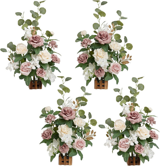 Ling's moment 17.5" Tall Standing Artificial Flowers Arrangements 4 pcs Wedding Aisle Runner Chair Decorations Dusty Rose Cream for Centerpieces Ceremony Reception Rose Floral Party Outdoor