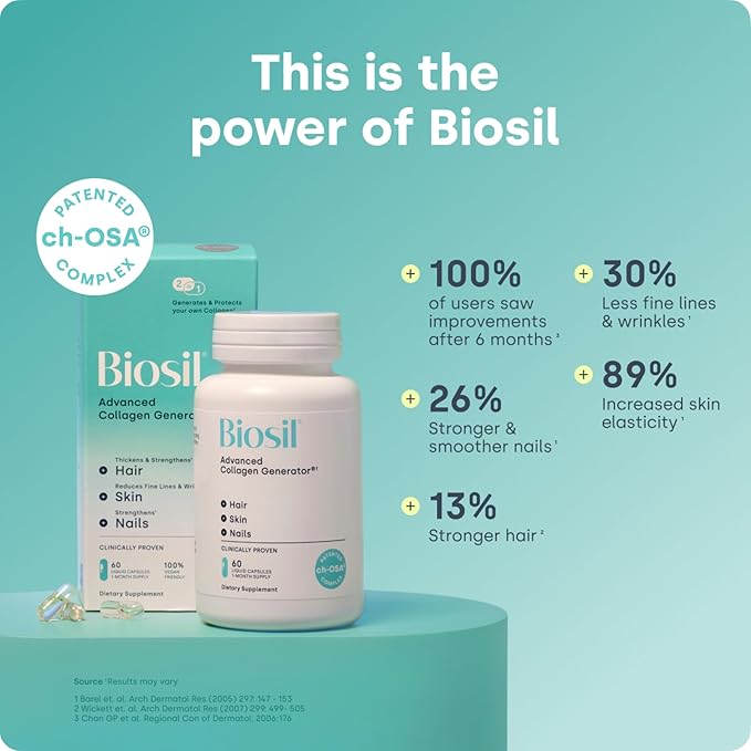 Biosil Collagen Booster Supplement - 180 Liquid Capsules - Patented ch-OSA Activator for Skin, Hair, Nails & Joints - Supports Natural Production - 90-Day Supply