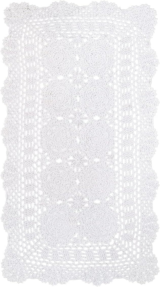 Phantomon Lace Table Runner Rectangular Table Cover Cloth Handmade Crochet Floral Placemats 100% Cotton (Floral White, 15x28Inch)
