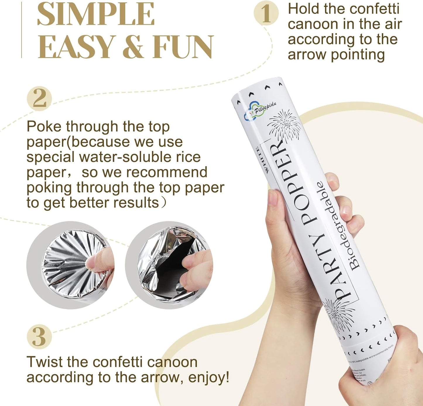 White Confetti Poppers,Rice Paper For Wedding,Biodegradable Cannon,6Pack Biodegradable Confetti Party Shooters Air Power, Party For Lawns Wedding,Birthday,Outdoor Celebrations