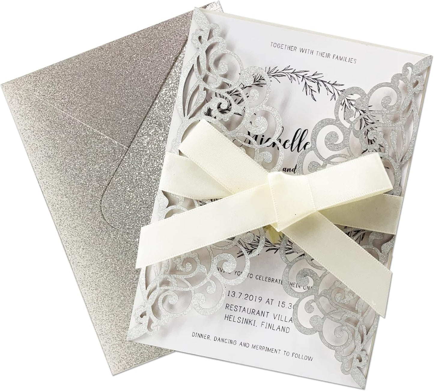 50Pcs Laser Cut Wedding Invitation With Glitter Envelopes And Ribbons Blank Personalized Card Invitaciones Para quinceañera Birthday Baby Shower Christmas Party Bridal Shower (Silver)
