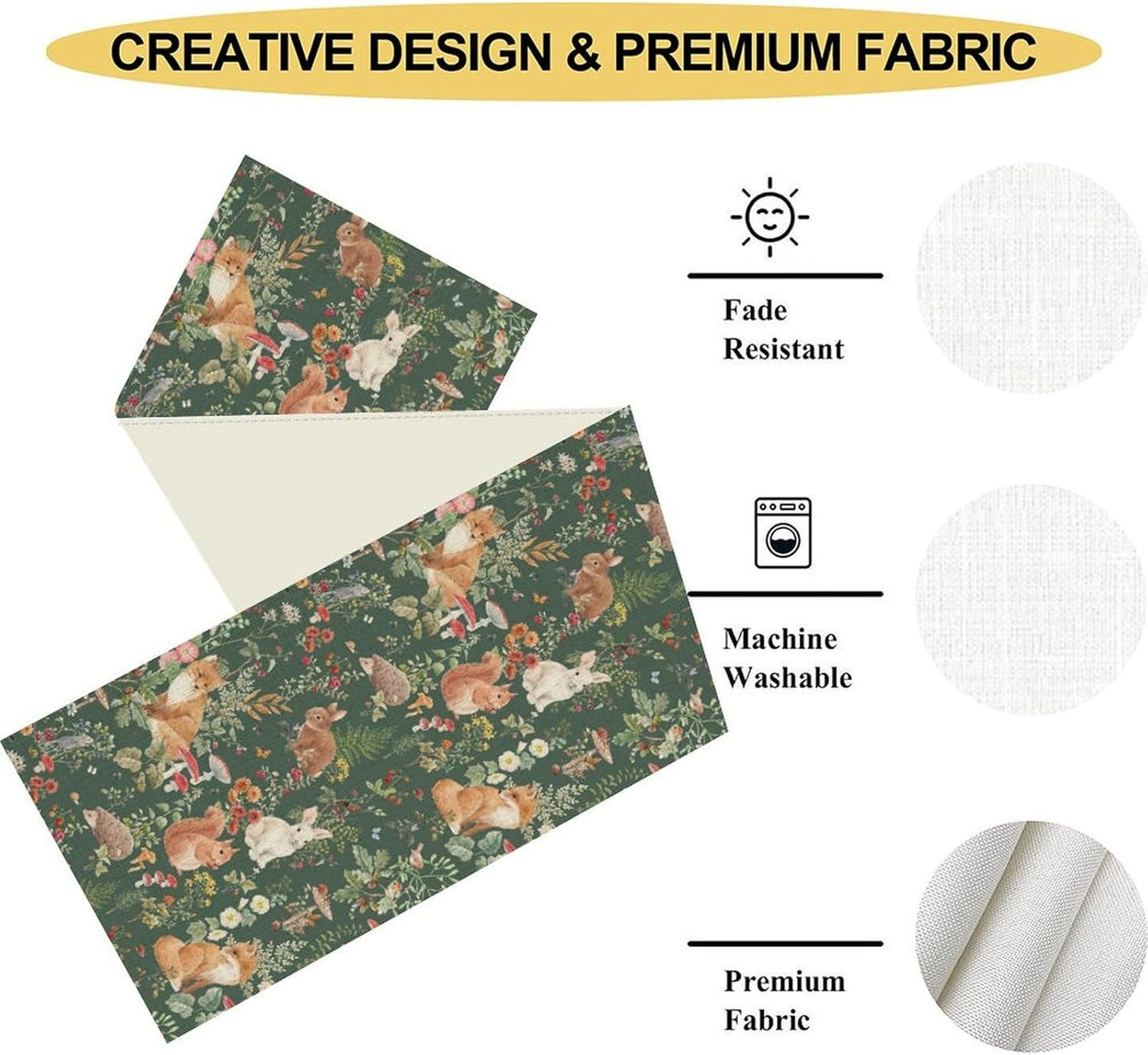 Rustic Forest Table Runner, Farmhouse Wild Woodland Animals Country Deer Fox Rabbits Watercolor Table Center Decor for Home Kitchen Dining Patio Holiday Party Outdoor Table Decorations, 13"x72" Inch