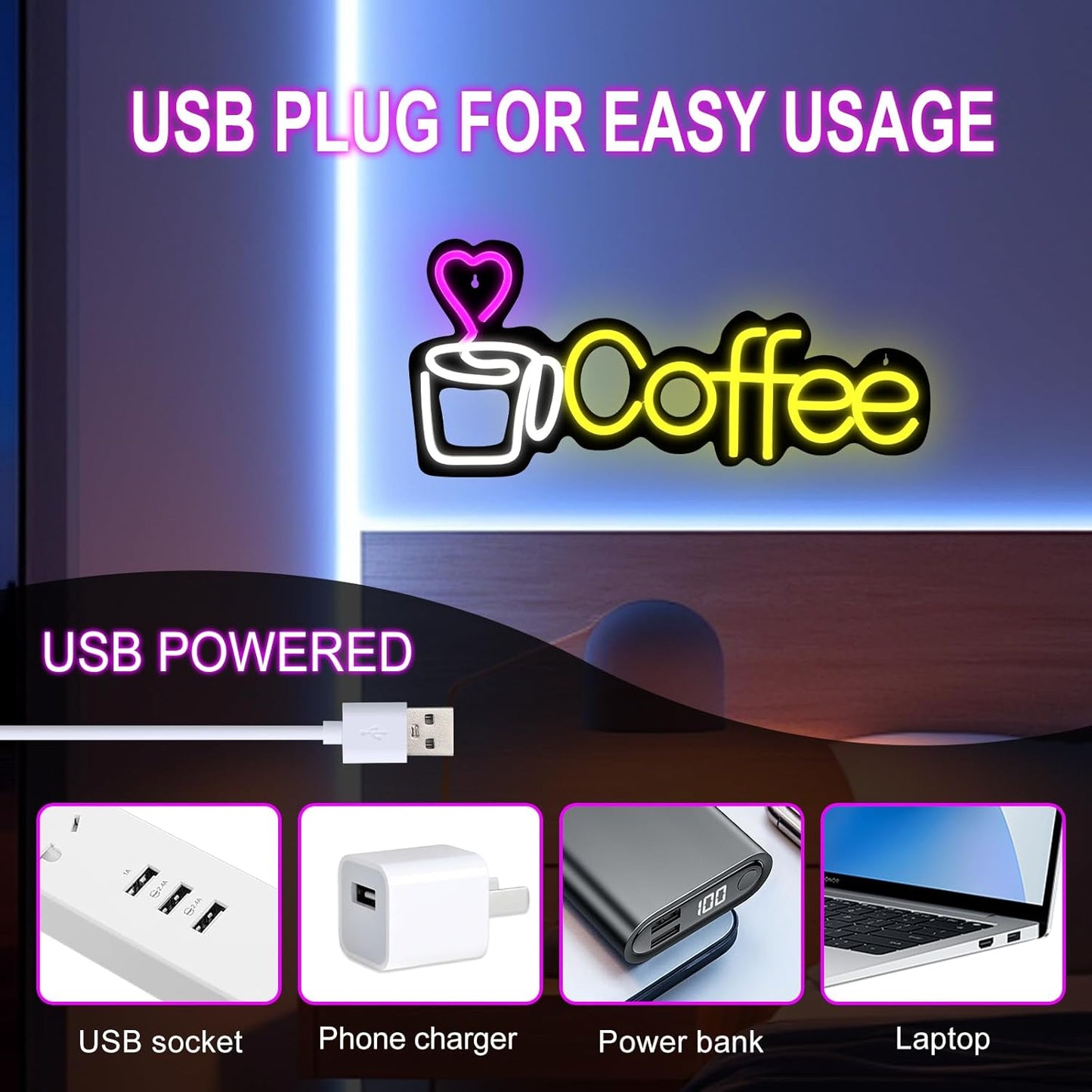 Coffee Neon Sign LED lights for Business,Dimmable 5V USB Powered for Wall Decor - LED Light Up Sign for Club Windows Glass Party-Restaurant Room Decoration Gift for Friends (15.1 * 7.1in)