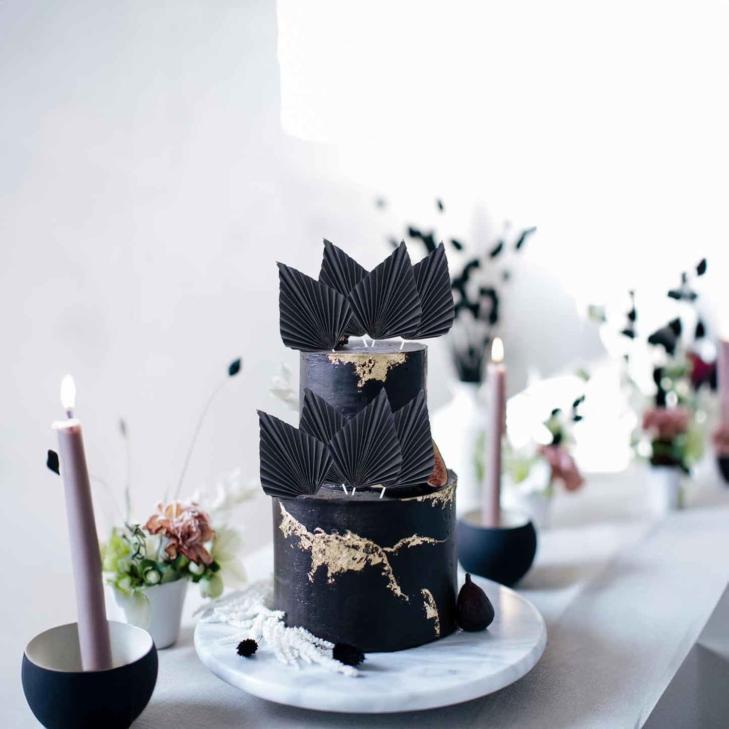 Ephlyn 6Pcs Paper Palm Fan Cake Topper Palm Leaf Fan Cake Pick for DIY Cake Bakeware Baby Shower Wedding Bridal Shower Birthday Anniversary Party Cake Decorations Supplies Black