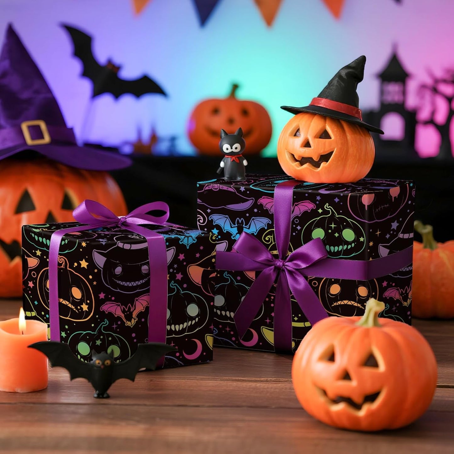 LeZakaa Halloween Pumpkin Wrapping Paper Roll, Neon Pumpkin Witch Hat Bat Pattern in Black, Glow-Like Gothic Kawaii Style Gift Wrap for Spooky Party & Candy Bags, Mini Roll 17 in x 16.4 Ft