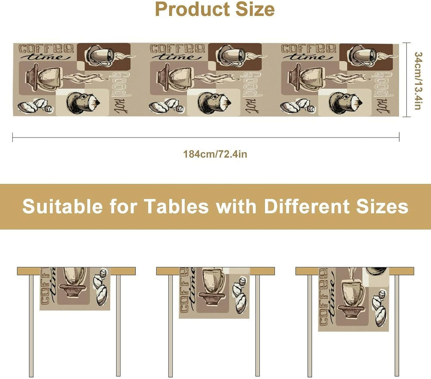 Coffee Table Runner,Vintage Style Coffee Cup Bean Abstract Theme Pattern Print Tablecloth Burlap for Hotel Indoors Outdoor Dining Room Kitchen Table Decor, 13x36in