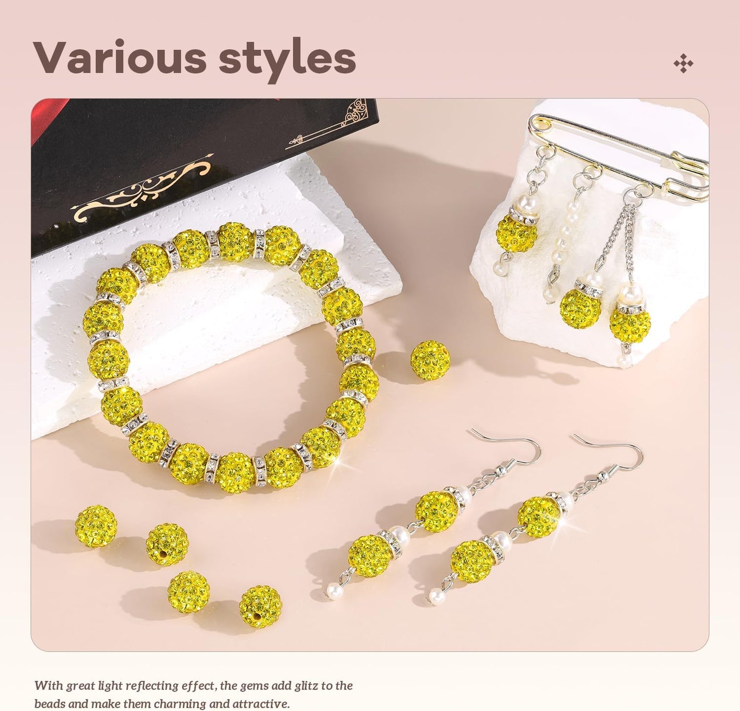 105pcs 10mm Rhinestone Beads for Jewelry Making, Yellow Shiny Round Disco Ball Beads Bulk, Sparkle Crystal Clay Christmas for Bracelet Baseball Necklace Earring Crafting and DIY