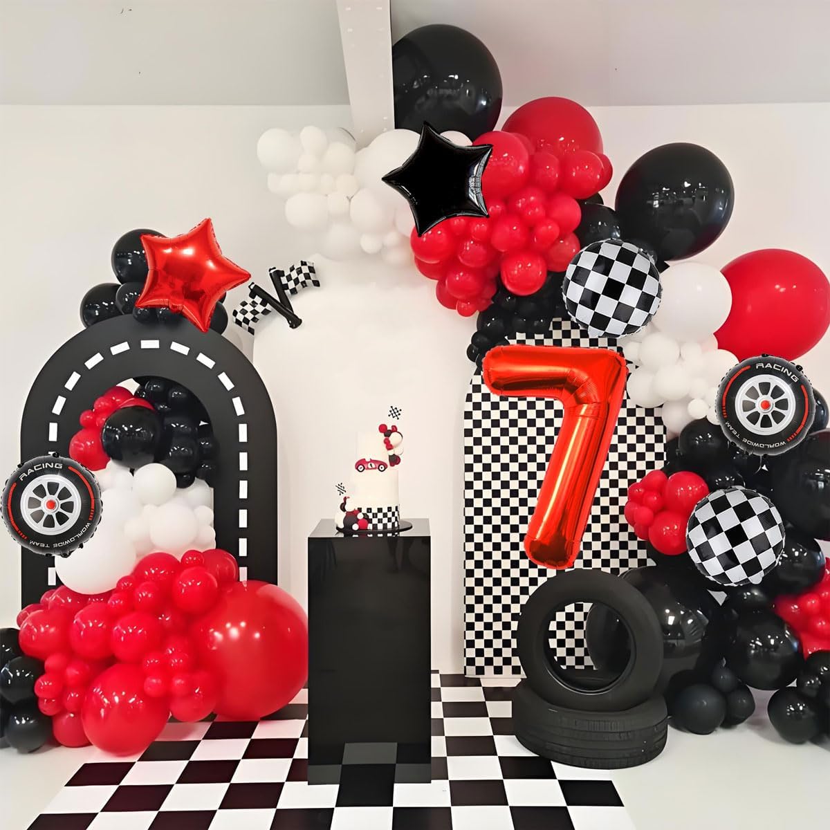Race Car Birthday Party Decorations - 40 Inch Mylar Red Number 7 Balloons - Black Foil Checkered Race Car Balloons for 7st Birthday Race Cars Themed Party Decorations