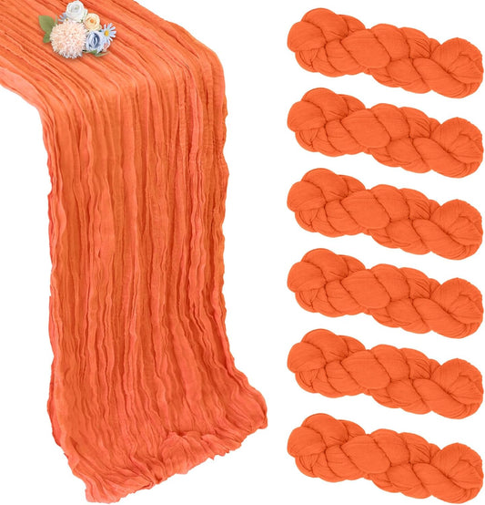 6 Pack Fall Thanksgiving Table Runner Orange 10ft Boho Gauze Fabric Cheesecloth Table Runner 35 x 120 Inch Rustic Sheer Runner for Wedding Home Décor Halloween Party Centerpiece Decorations
