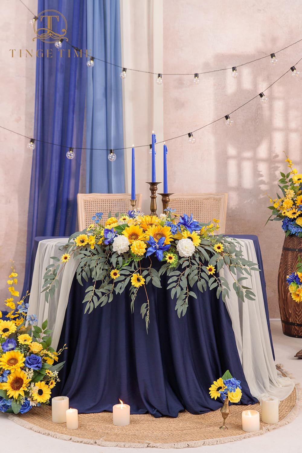 TINGE TIME Artificial Sweetheart Flower Swag with Tablecloth and Table Runner, Pack of 3 Floral Arrangement for Wedding Sweetheart Table Centerpiece Decoration Valentine's Day (Sunflower&RoyalBlue)