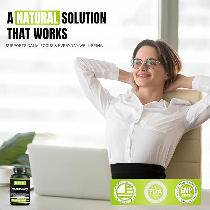 BNH Mood Melody - Balance Hormone Response - Serotonin - Dopamine - Oxidative Stress - Positivity - Relaxation - Encourages Neurotransmitter Production - 15 Clinically Proven Ingredients - 120ct