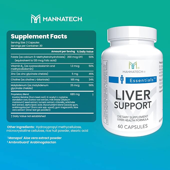 Mannatech Liver Supplement with Inositol, Dandelion Root, Licorice Root, Milk Thistle, Turmeric Extract & Aloe Vera Extract - Liver Cleanse for Healthier Liver Function - Liver Support 60 Capsules