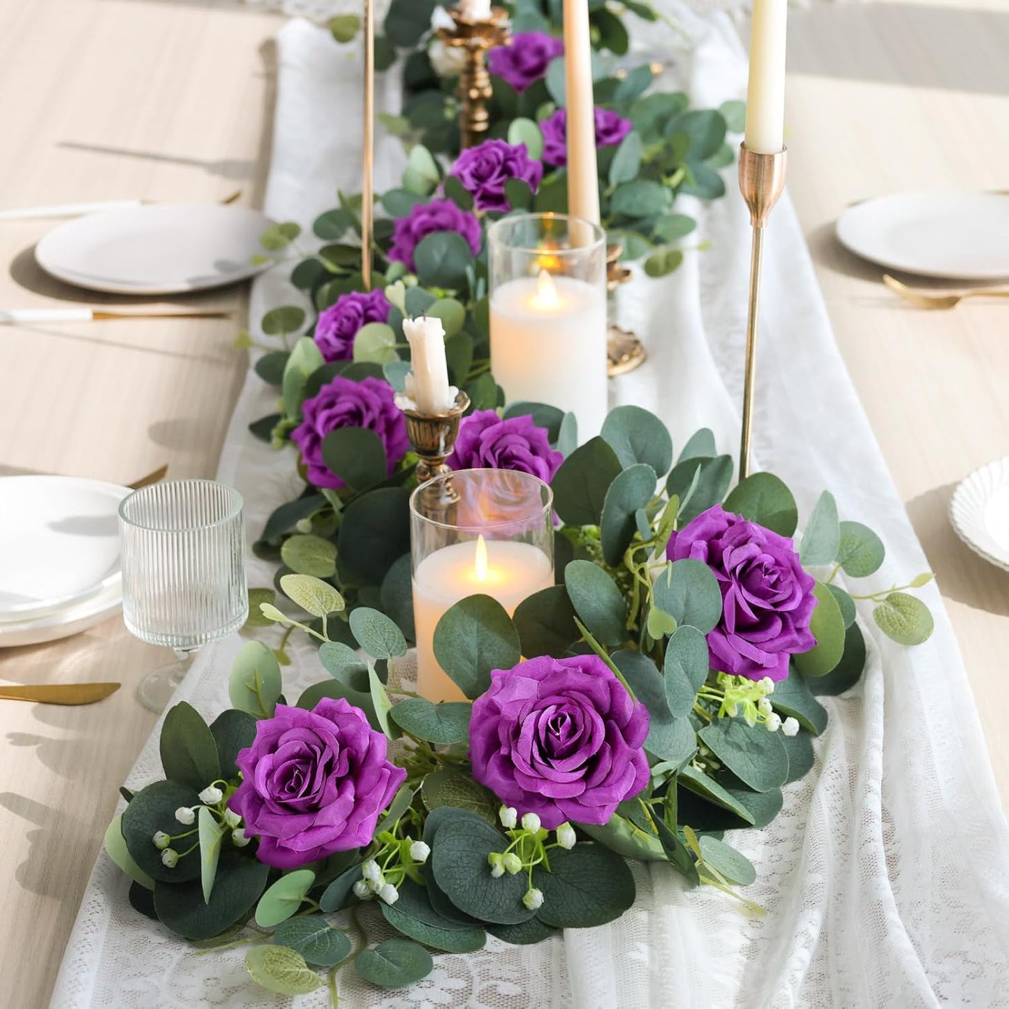 MACTING 2 Pack 13.2FT Eucalyptus Garland with Lights - Spring Gypsophila Flower Garlands with 24 Purple Roses Artificial Floral Greenery Vines for Arch Table Centerpieces Backdrop Party Wedding Decor