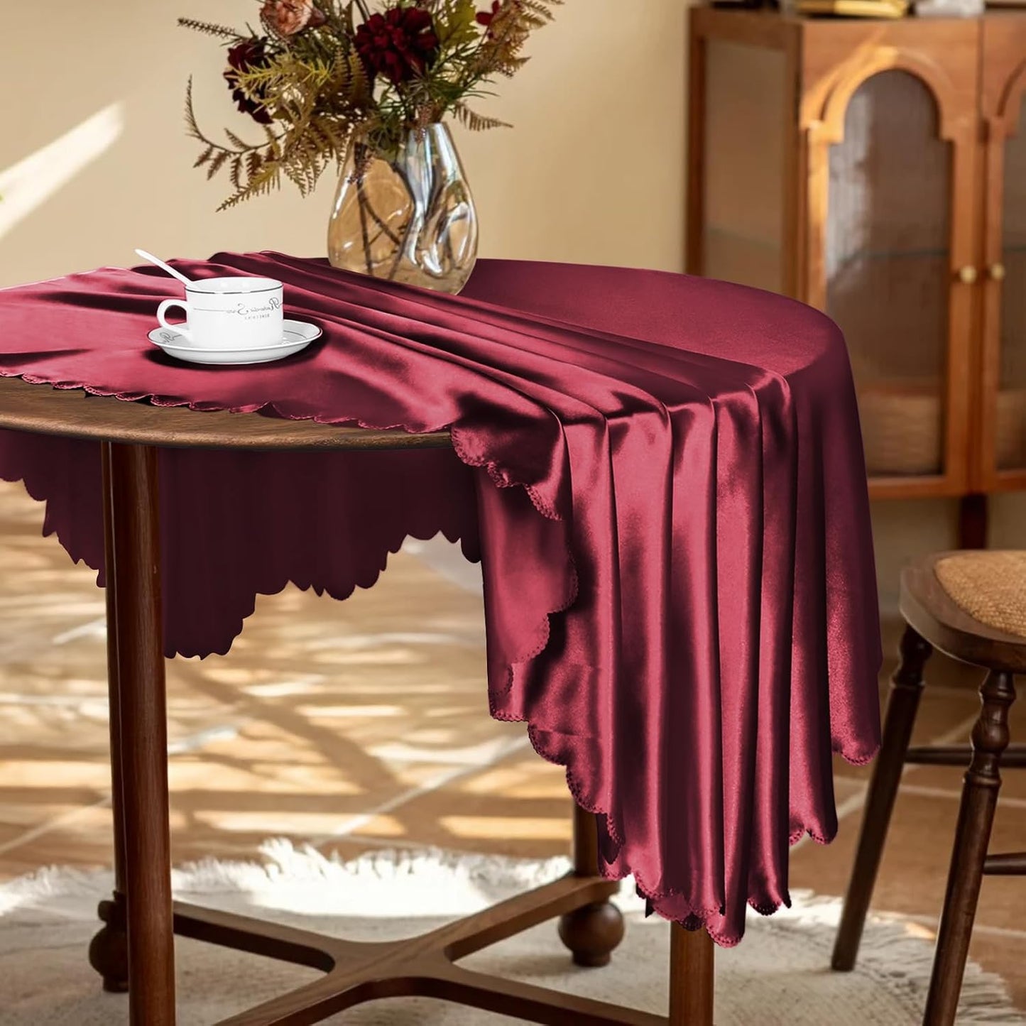 KKJIAF 1 Pack 60 Inch / 5ft Round Table Cloth, Burgundy Overlay Round Satin Table Cover, Silky Satin Dining Tablecloths for Wedding Buffet Parties Banquet Decoration