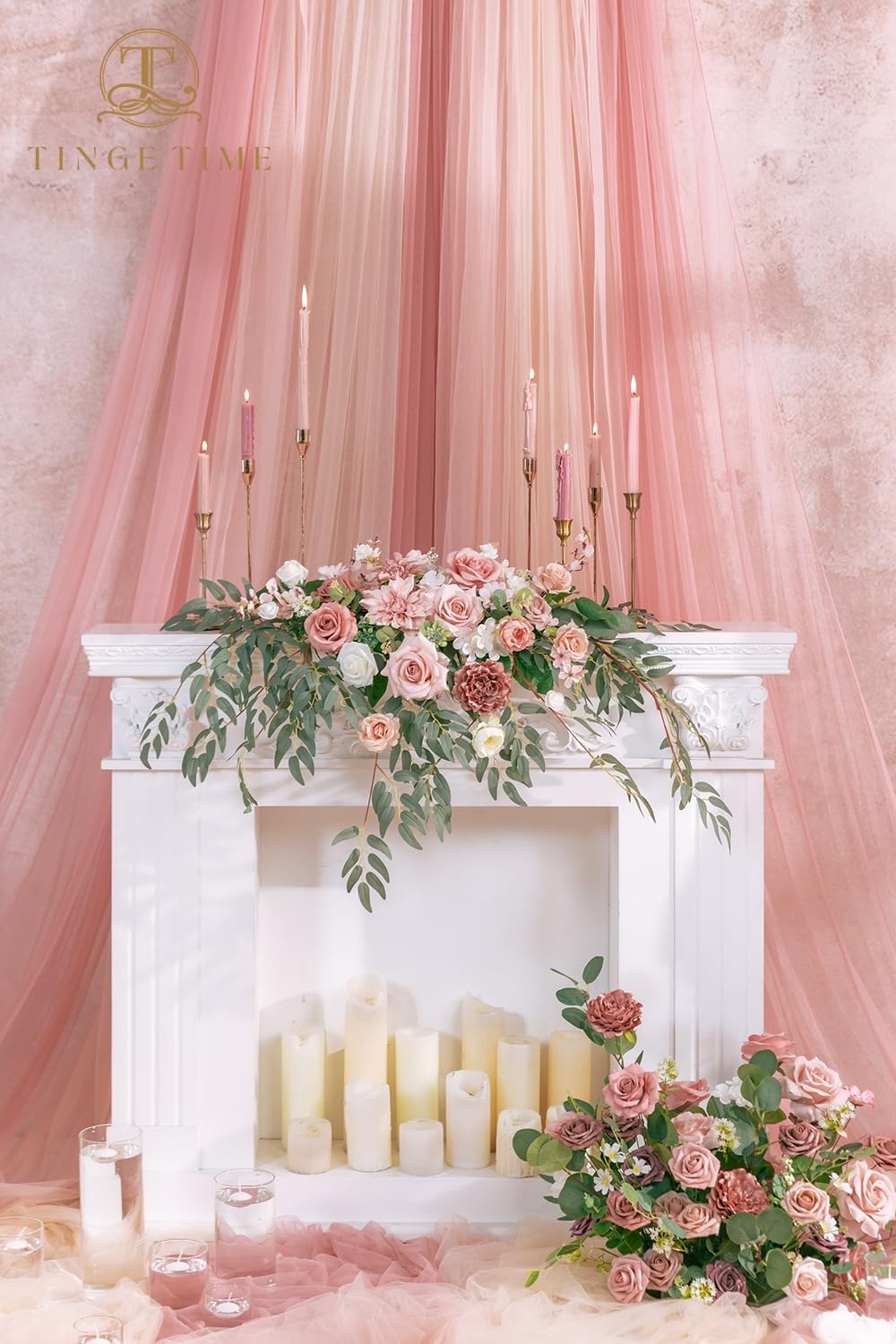 TINGE TIME Artificial Sweetheart Flower Swag with Tablecloth and Table Runner, Pack of 3 Floral Arrangement for Wedding Sweetheart Table Centerpiece Decoration Valentine's Day (DustyRose&Cream)