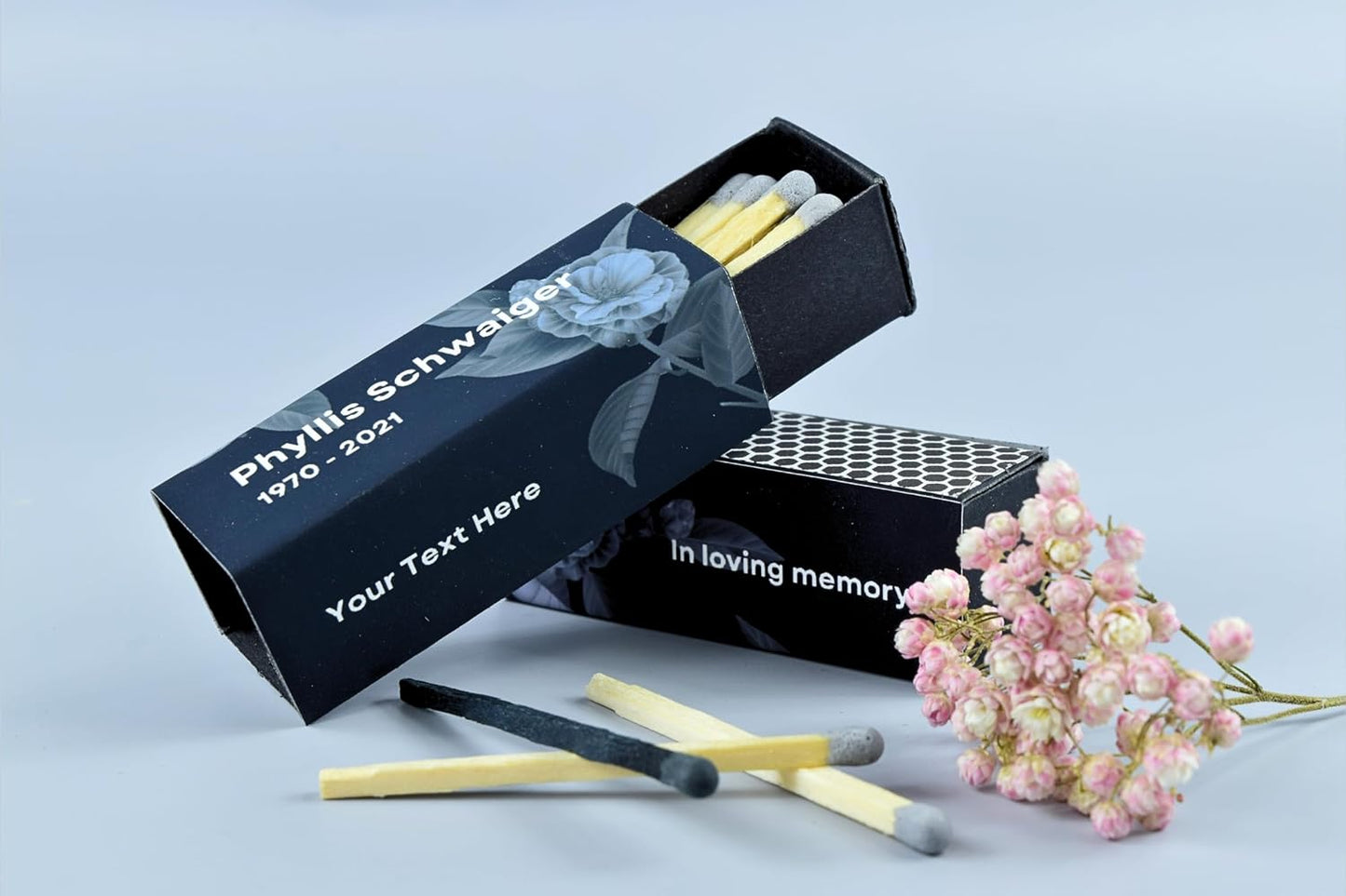 Customizable Funeral Matchboxes – Set of 10 – Memorial Design – Colorful Matchsticks – Perfect for Funeral Services & Remembrance (2" Matchsticks, Remembrance #1)