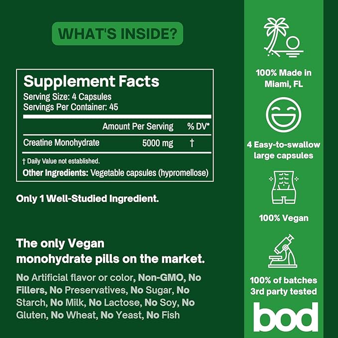 BOD Creatine Monohydrate Pills for Muscle Support, Vegan Pre or Post-Workout Creatine Capsules for Women and Men, 5g Micronized & Instantized, Creatina Monohidratada, 180 Capsules