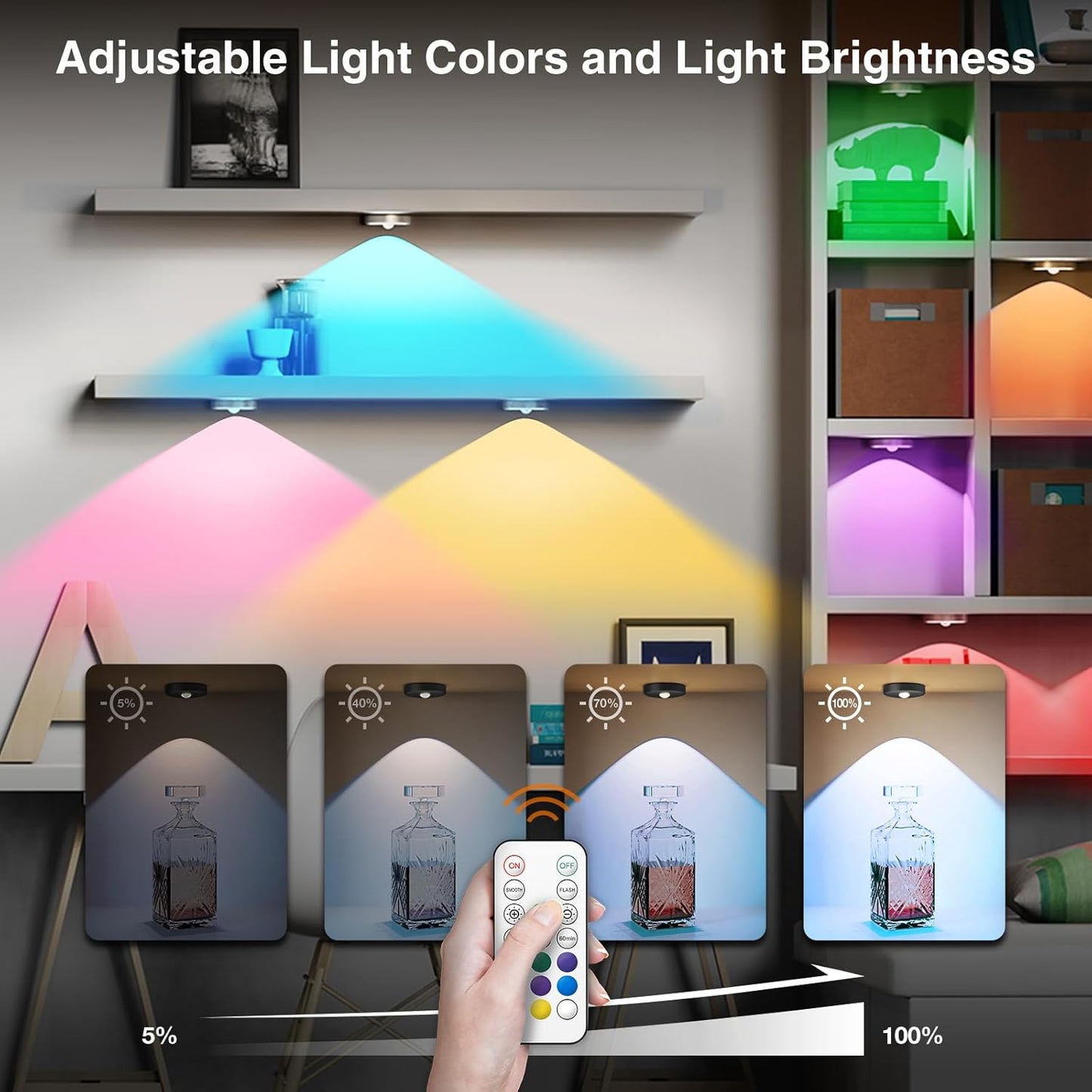 RGB Puck Lights with Remote Control, 2000mAh Rechargeable Stick on Led Lights, 9 Colors & 2 Dynamic, Tap Light with Timing,Under Cabinet Lighting for Closet,Kitchen,Cabinet,Shelf(Silver, 3 Pack)