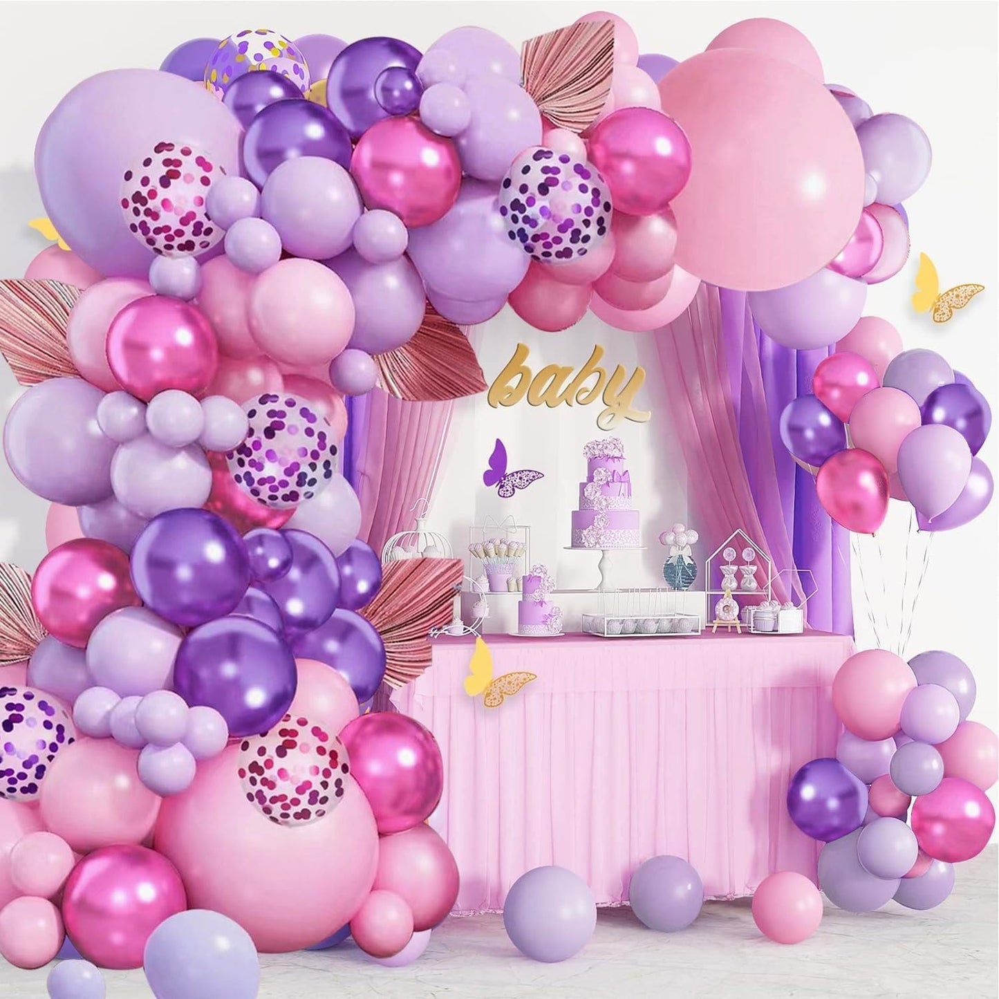 Pink and Purple Balloons,50Pcs 12 Inch Purple Pink Metallic Confetti Balloons with Ribbon for Girls Women Birthday Brida Shower Wedding Party Decorations
