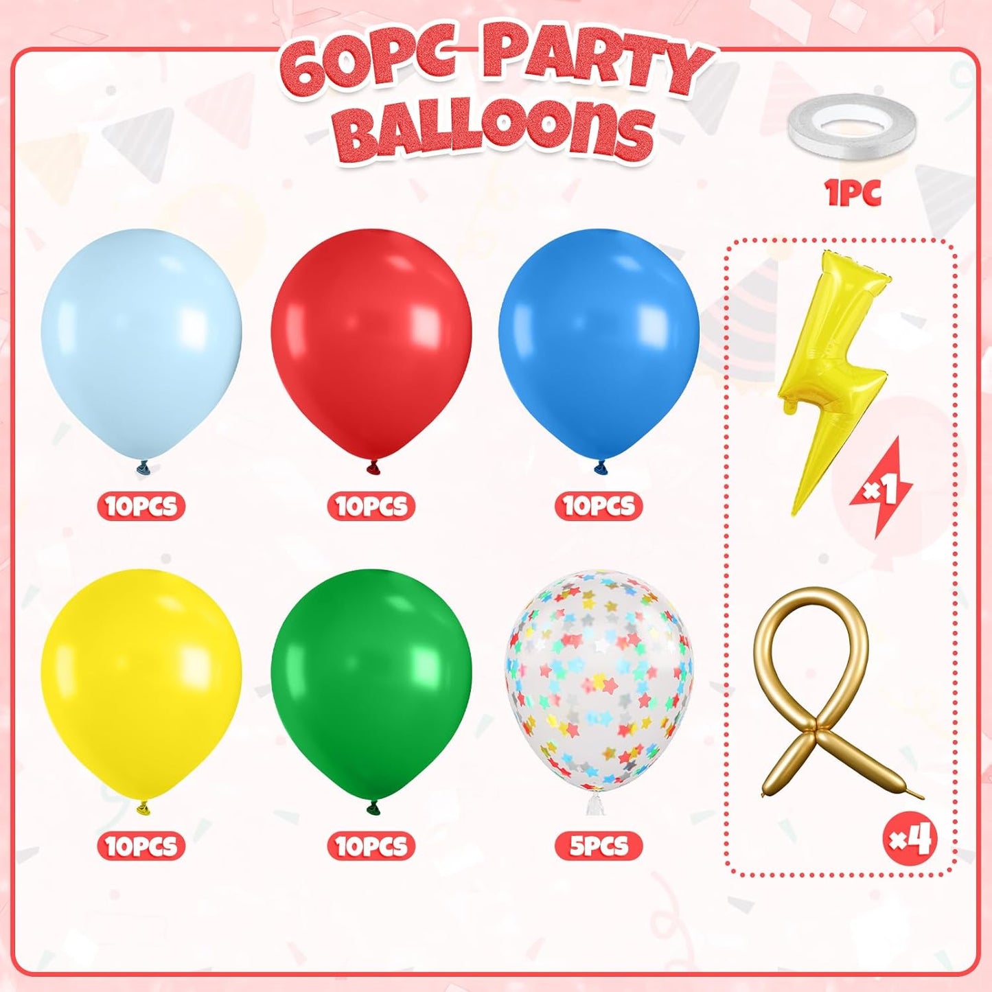 Red Green Blue Balloons, 60pcs Circus Carnival Balloons, Star Colorful Confetti Gold Long Balloon With Lightning Foil Balloon For Birthday Baby Shower Circus Carnival Theme Party Wedding Decoration