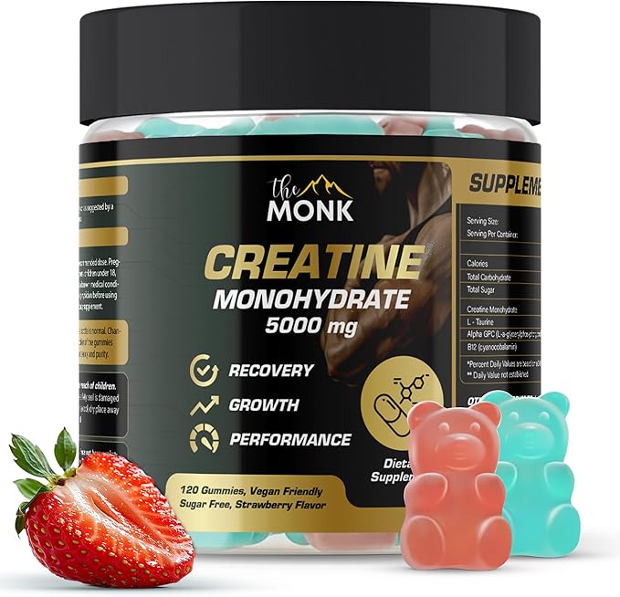 THE MONK Creatine Monohydrate Gummies for Men & Women - Sugar Free, Vegan, Gluten-Free, Non-GMO - 5000 mg Per Serving - 120 Gummies