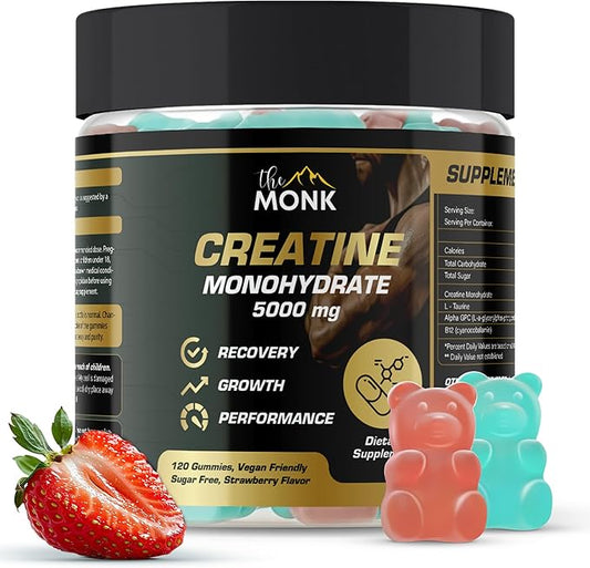 THE MONK Creatine Monohydrate Gummies for Men & Women - Sugar Free, Vegan, Gluten-Free, Non-GMO - 5000 mg Per Serving - 120 Gummies
