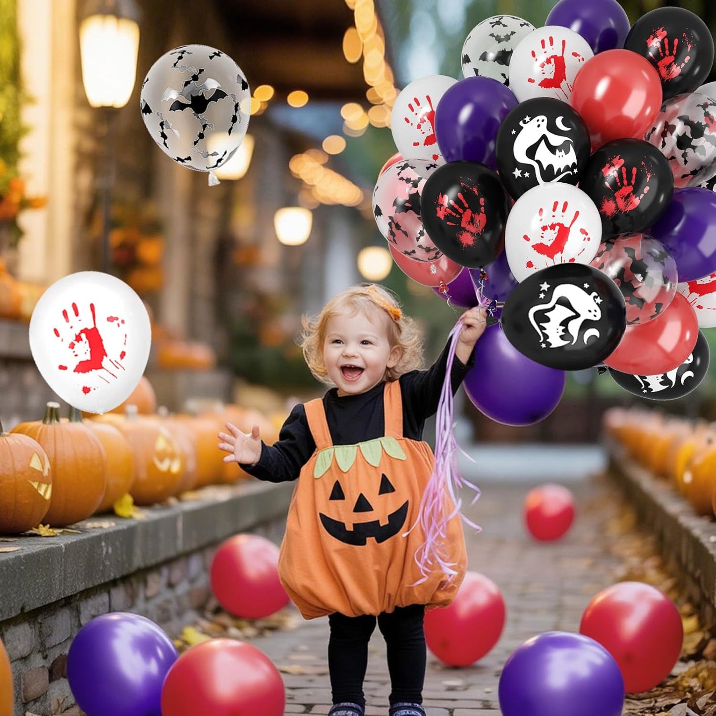 Paready Halloween Balloons, 50pcs Black Purple Red Balloons, Black White Bloody Handprint Balloon Bat Printed Balloon For Scary Halloween Masquerade Spooky Vampire Haunted Themed Birthday Party Decor