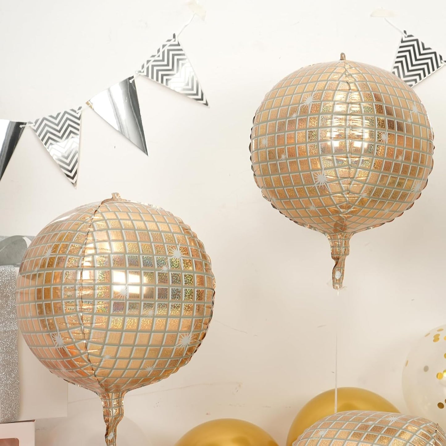 Disco Ball Balloons 4PC,Foil Disco Balloons 22 Inch 4D Round White Gold Balloon for 70s 80s Birthday Bachelorette Graduation Decorations