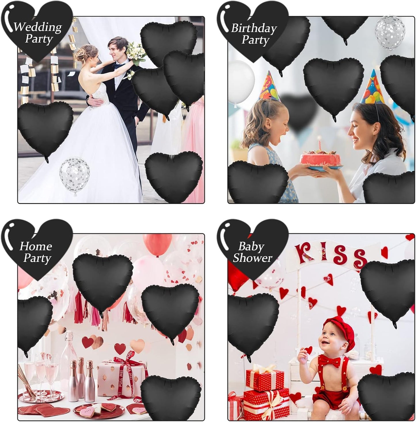 Foil Heart Balloons - 10 Black Heart Shaped Balloons, 18inch Metallic Foil for Valentines Day, Wedding, Birthday, Halloween Party