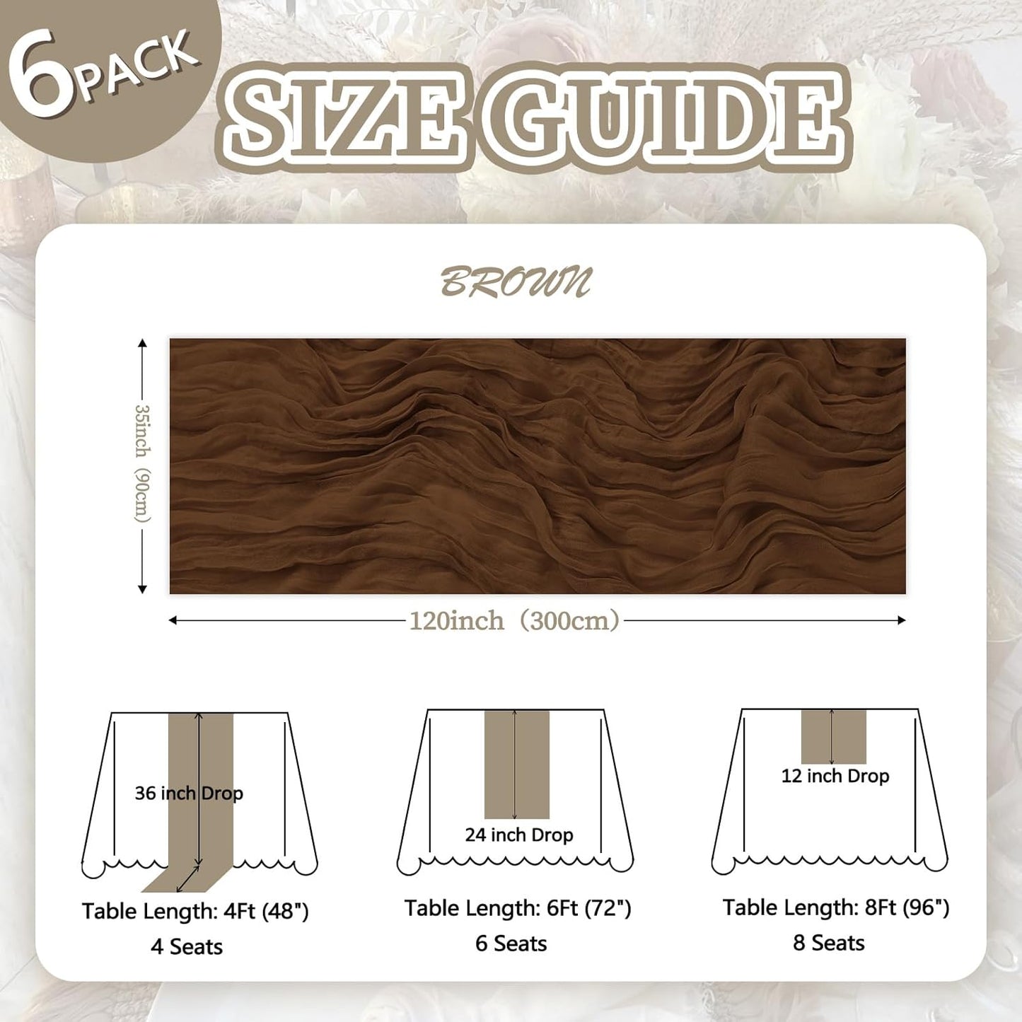 6 Pack Brown Cheesecloth Fall Table Runner 10ft Boho Gauze Fabric Cheese Cloth Table Runner 35 x 120 Inch Rustic Sheer Runner for Thanksgiving Wedding Decor Baby Shower Party Centerpiece Decoration